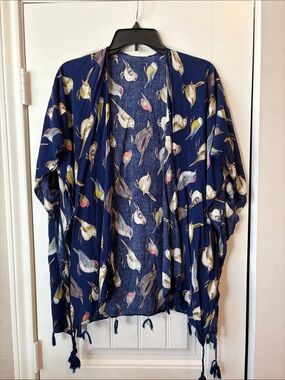 Navy Bird-Print Open Front Kimono Jacket